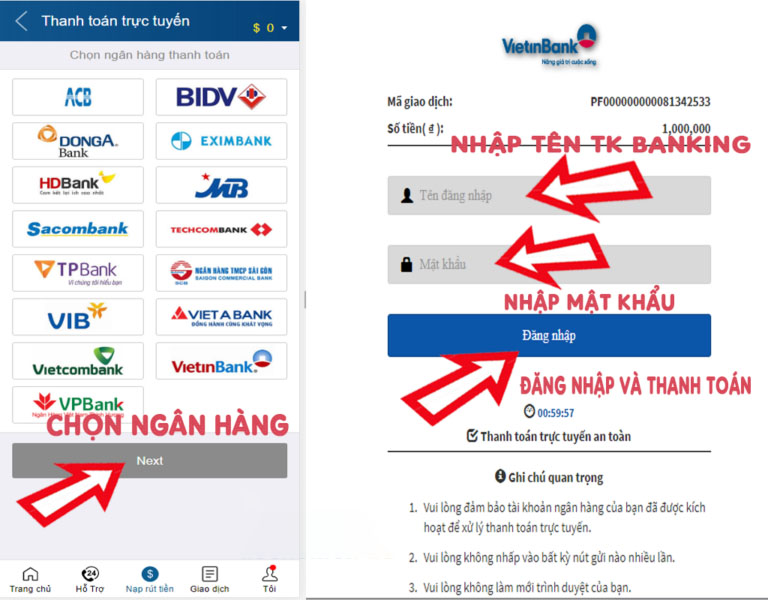 Chọn ngân hàng và đăng nhập sau đó tiến hành thanh toán
